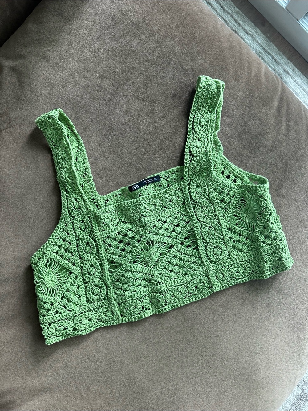 Zara Light Green Crochet Crop Top with Wide Straps